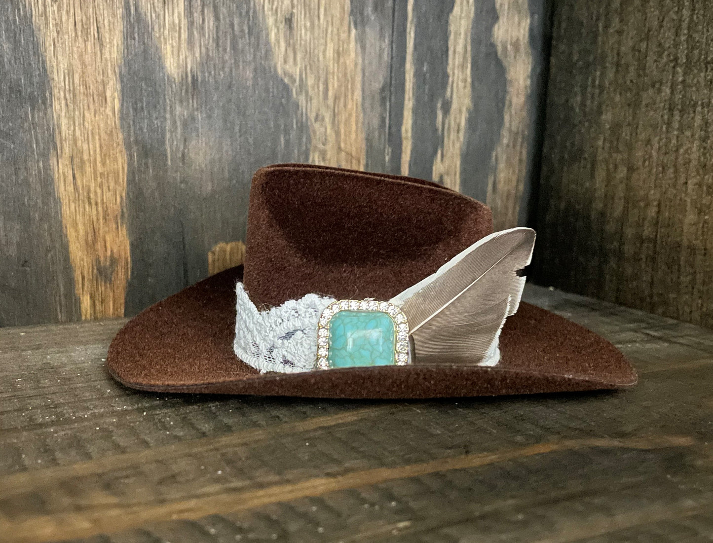 Brown Hat- Lace - Turquoise piece